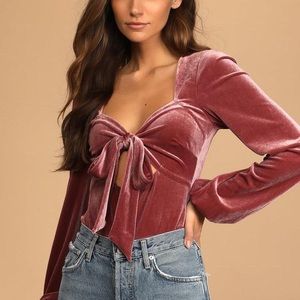 Lulus Mauve Velvet Long Sleeve Tie-Front Bodysuit